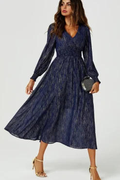 Gold Stripe Foil V-Neckline Long Sleeve Maxi Dress In Navy