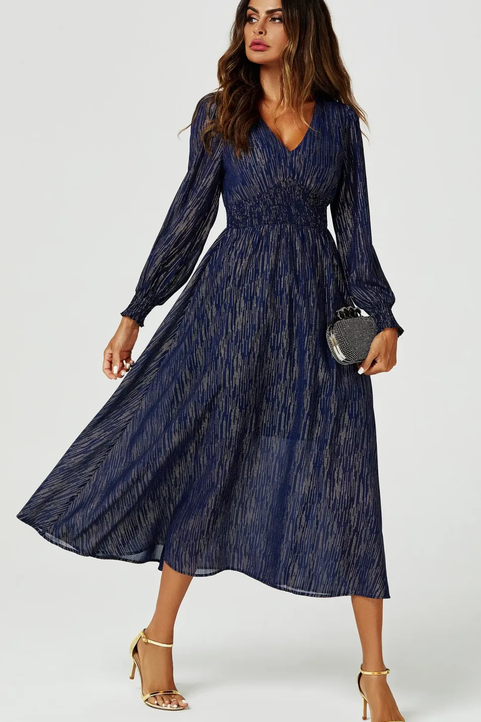 Gold Stripe Foil V-Neckline Long Sleeve Maxi Dress In Navy