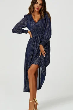 Gold Stripe Foil V-Neckline Long Sleeve Maxi Dress In Navy
