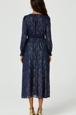 Gold Stripe Foil V-Neckline Long Sleeve Maxi Dress In Navy