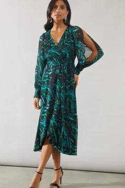 Green Abstract High Low Hem Split Sleeve Wrap Dress
