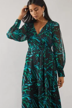 Green Abstract High Low Hem Split Sleeve Wrap Dress