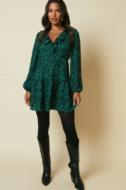 Green Animal Tiered Hem Frill Wrap Mini Dress