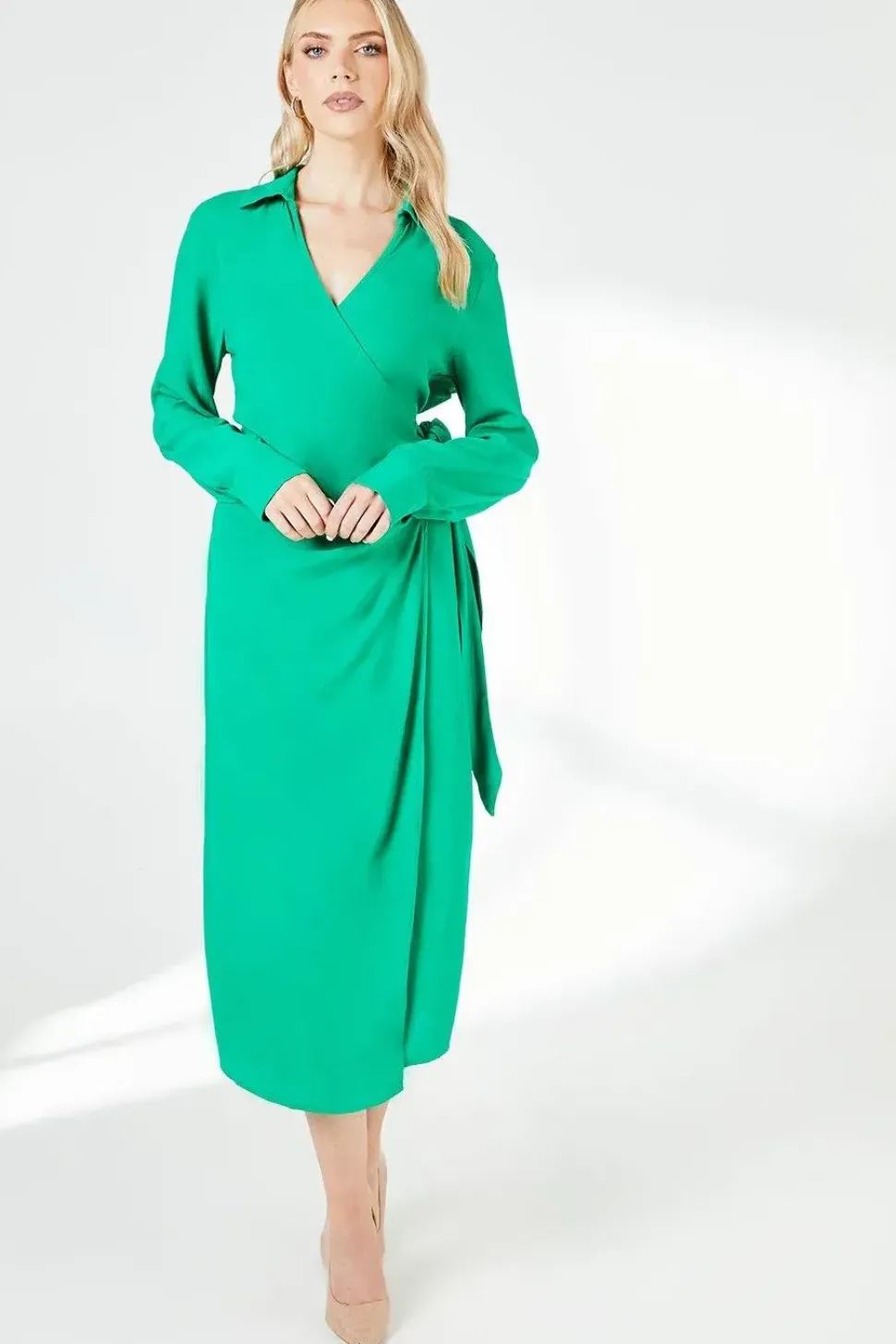 Green Belt Detail Collared Wrap Dress