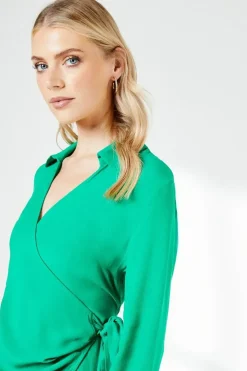 Green Belt Detail Collared Wrap Dress