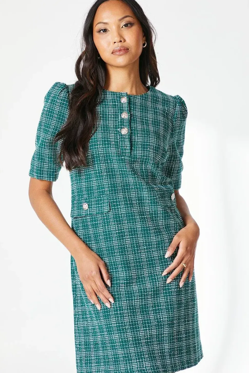 Green Boucle Button Detail Shift Dress