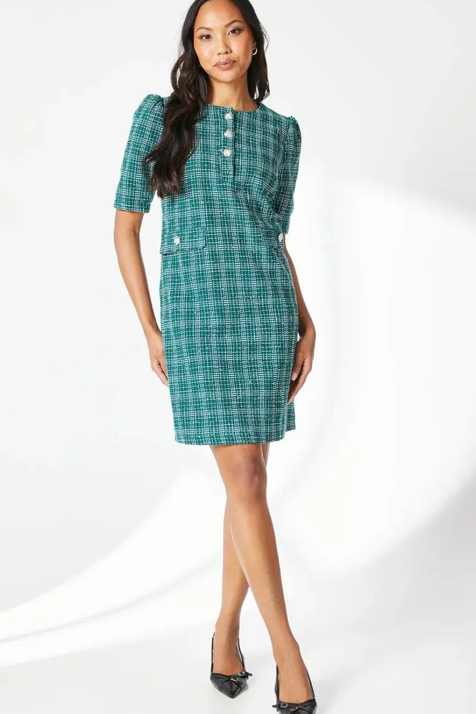 Green Boucle Button Detail Shift Dress
