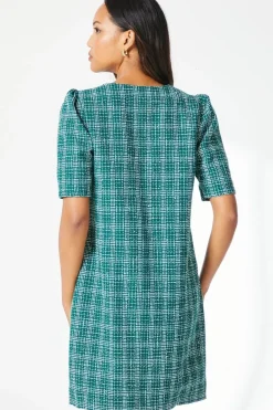 Green Boucle Button Detail Shift Dress