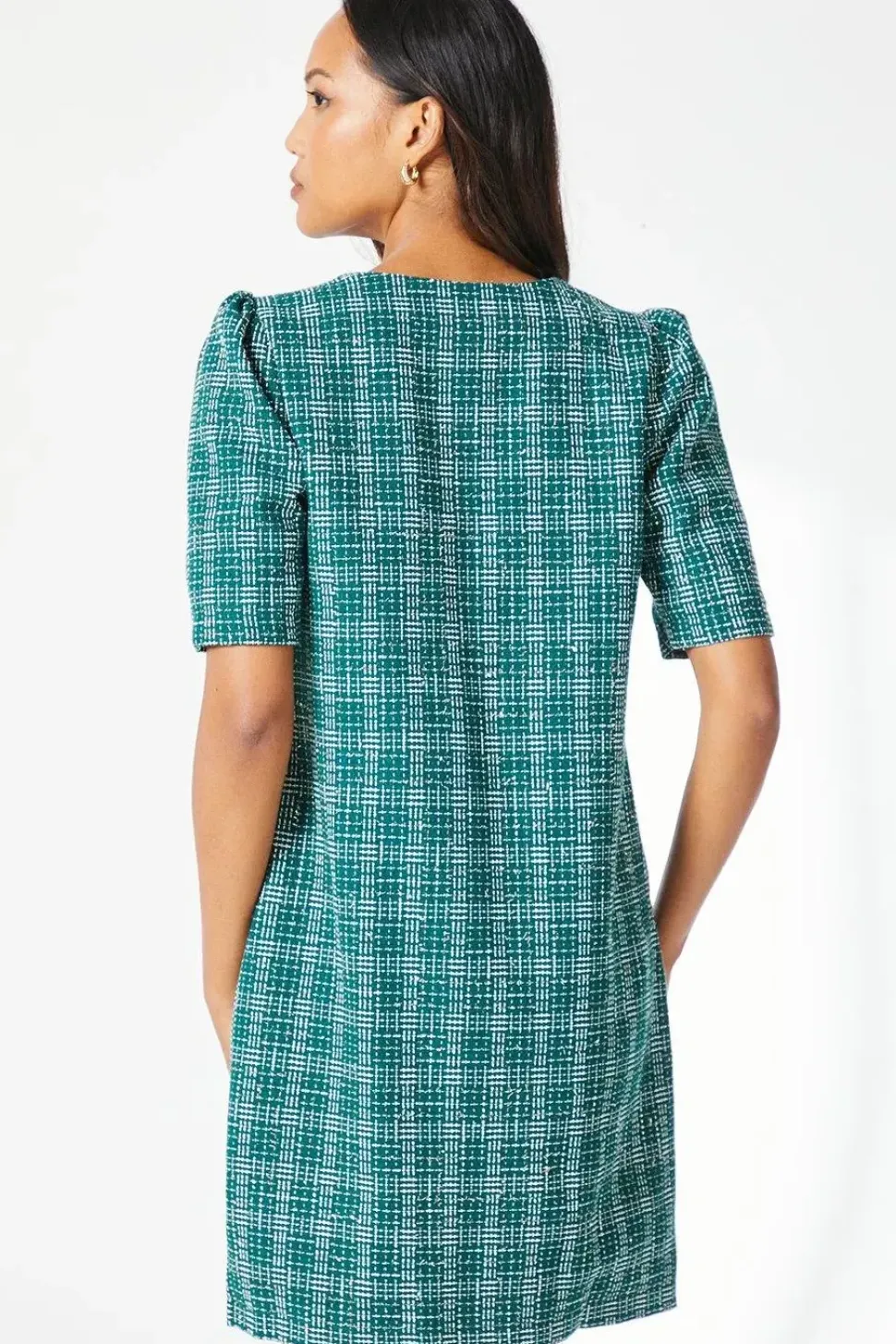 Green Boucle Button Detail Shift Dress