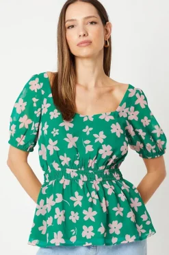 Green Ditsy Frill Neck Puff Sleeve Peplum Blouse