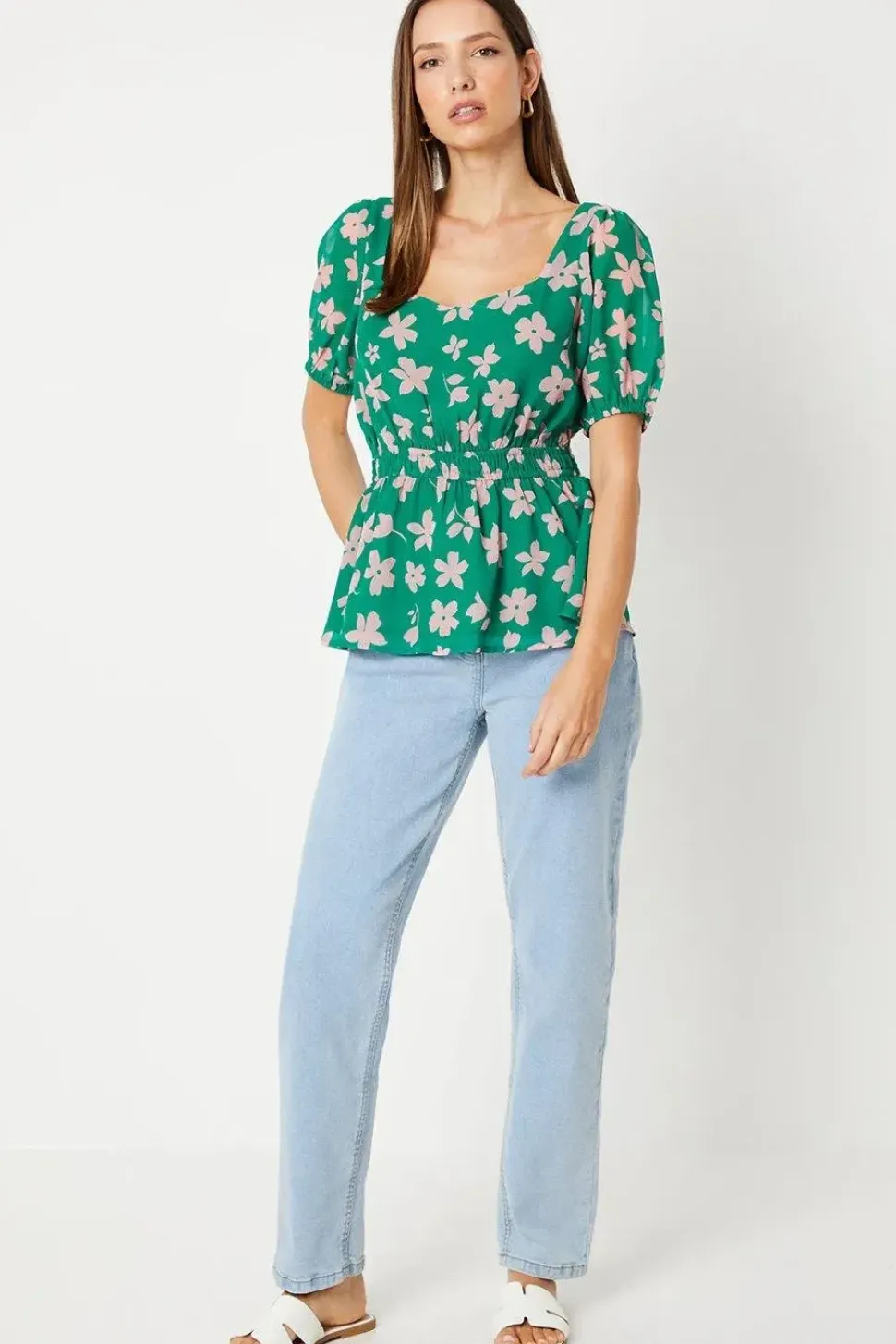 Green Ditsy Frill Neck Puff Sleeve Peplum Blouse