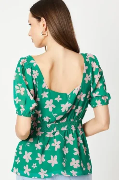 Green Ditsy Frill Neck Puff Sleeve Peplum Blouse