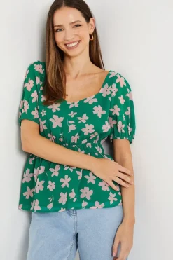 Green Ditsy Frill Neck Puff Sleeve Peplum Blouse