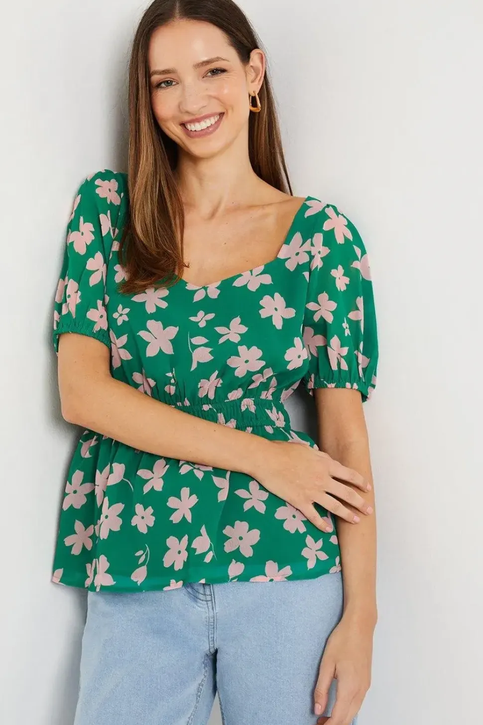 Green Ditsy Frill Neck Puff Sleeve Peplum Blouse