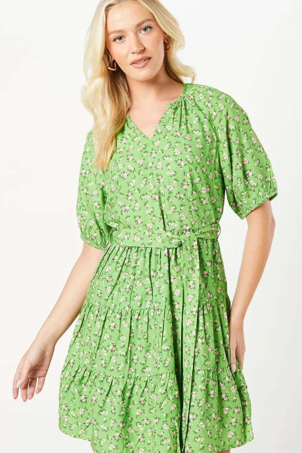Green Ditsy Puff Sleeve Tiered Mini Dress