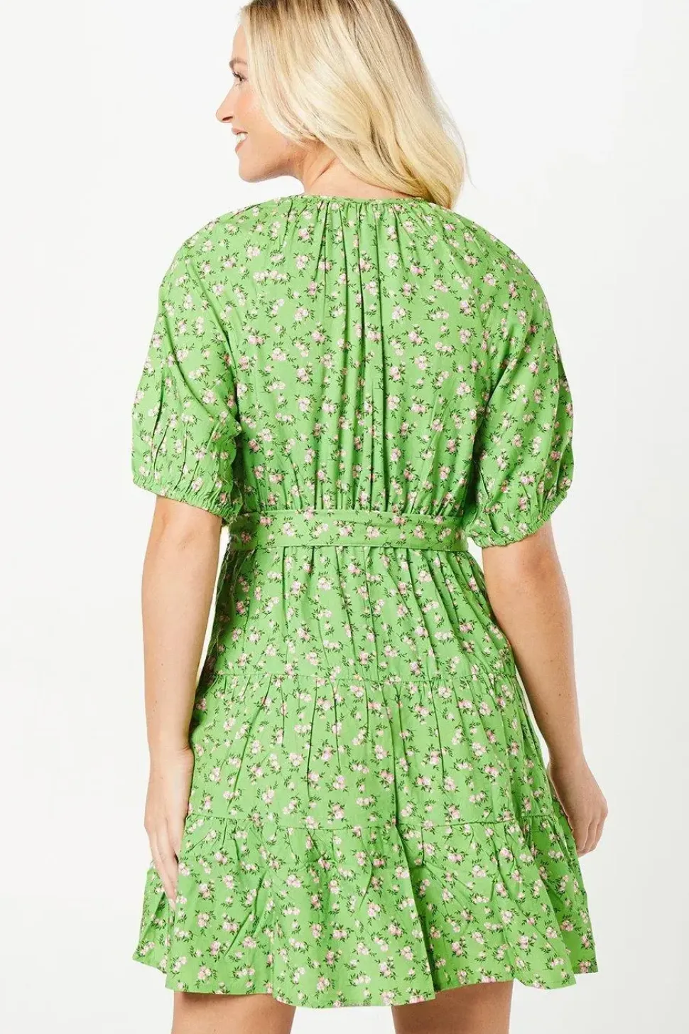 Green Ditsy Puff Sleeve Tiered Mini Dress