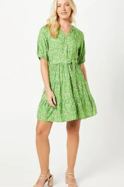 Green Ditsy Puff Sleeve Tiered Mini Dress