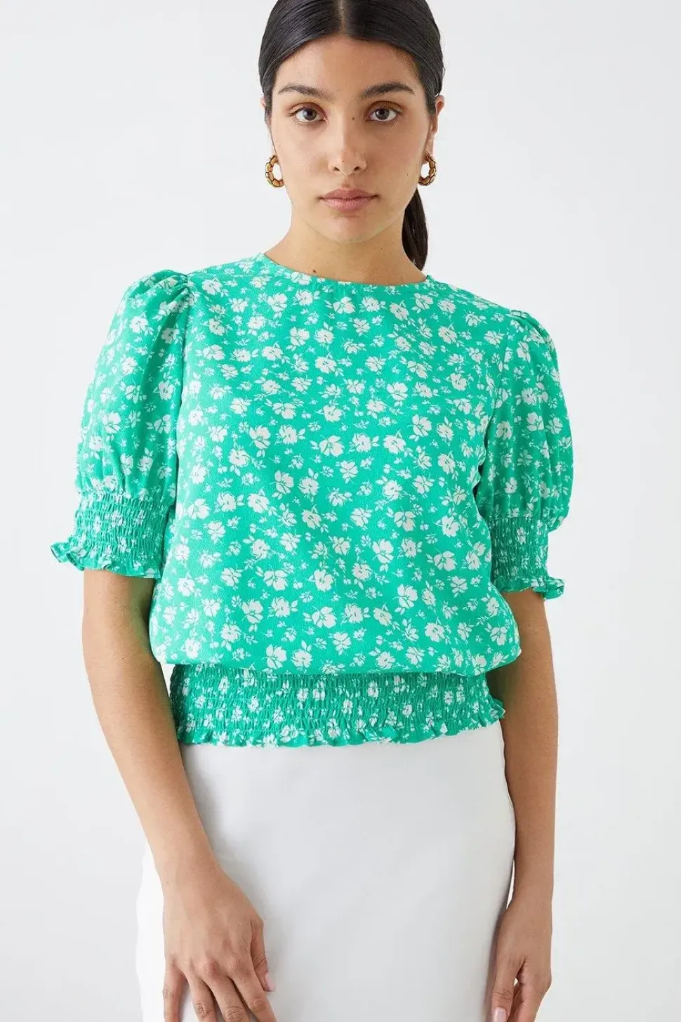Green Ditsy Shirred Hem Top