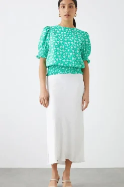 Green Ditsy Shirred Hem Top