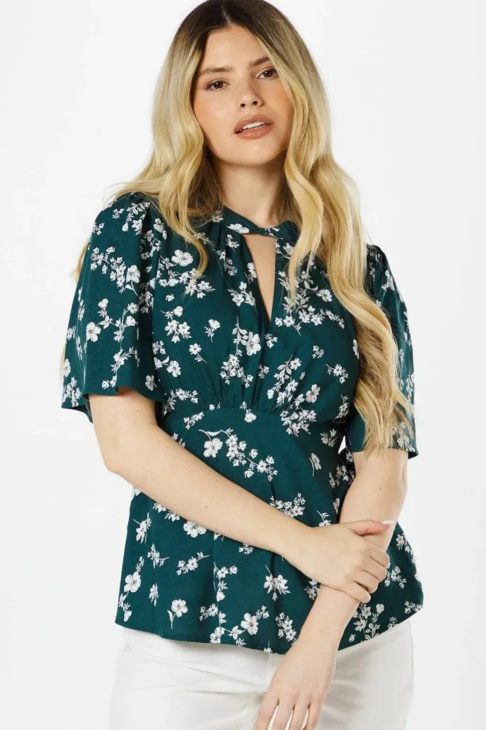 Green Ditsy Twist Neck Keyhole Blouse