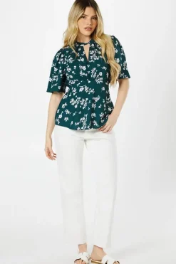 Green Ditsy Twist Neck Keyhole Blouse