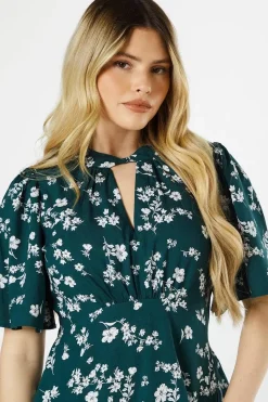 Green Ditsy Twist Neck Keyhole Blouse