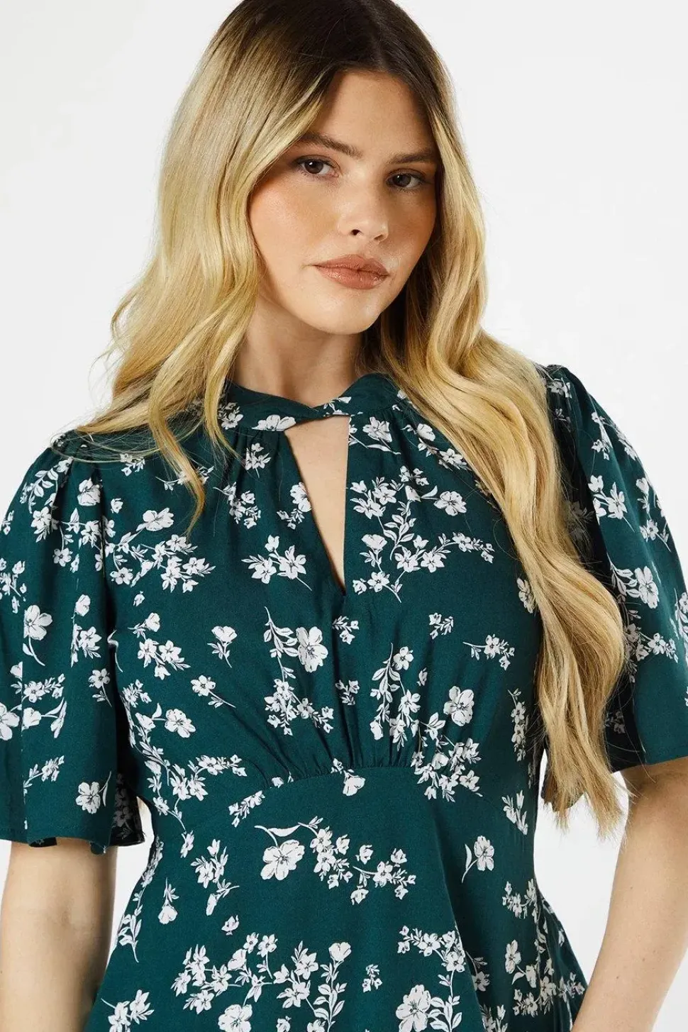 Green Ditsy Twist Neck Keyhole Blouse