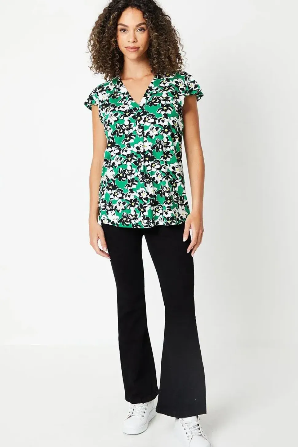 Green Floral Jersey Sleeveless Frill Top