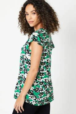 Green Floral Jersey Sleeveless Frill Top