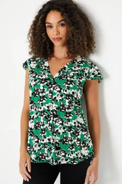 Green Floral Jersey Sleeveless Frill Top