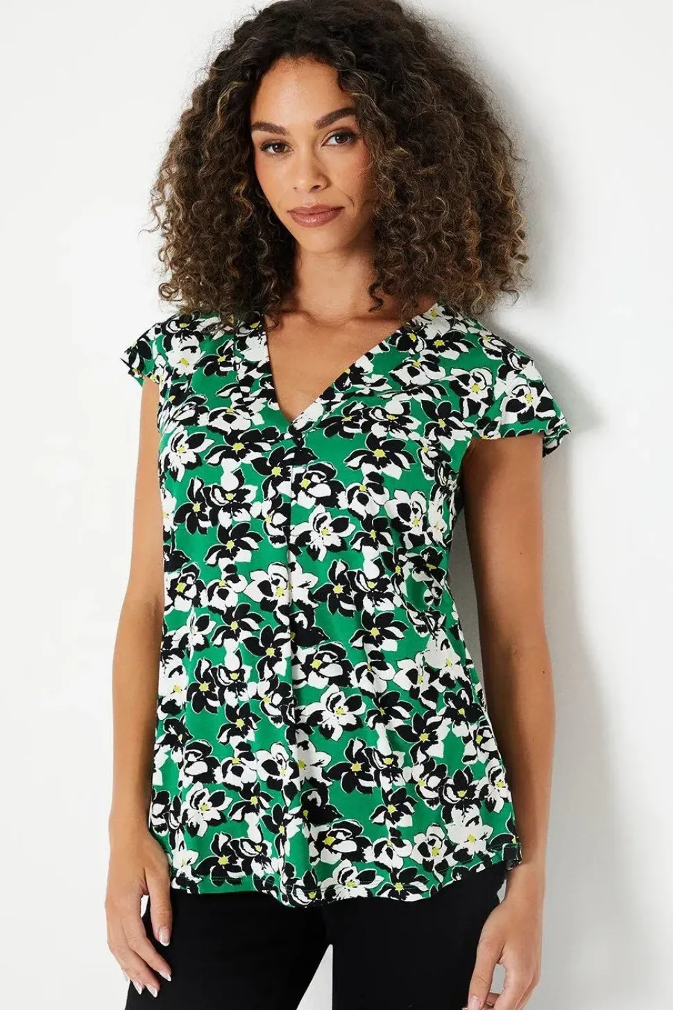 Green Floral Jersey Sleeveless Frill Top