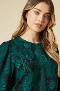 Green Floral Lace Trim Body Long Sleeve Blouse