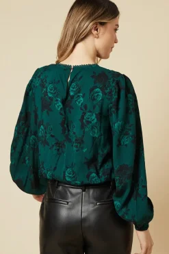 Green Floral Lace Trim Body Long Sleeve Blouse