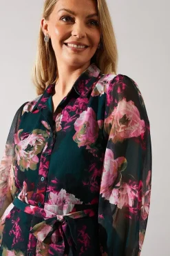 Green Floral Print Belted Shirt Dress