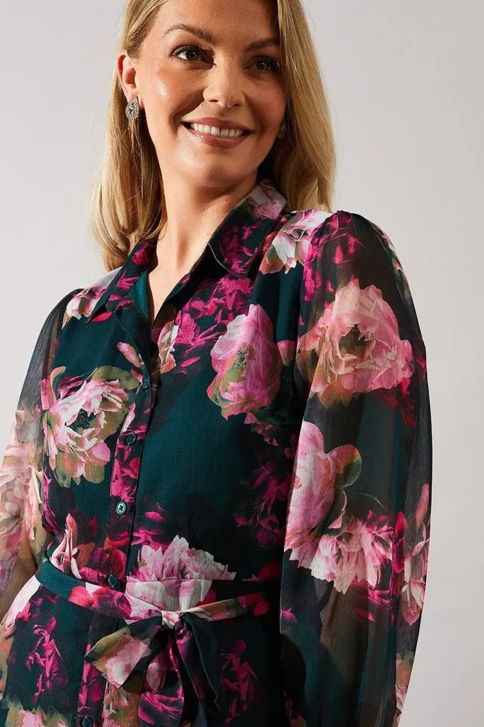 Green Floral Print Belted Shirt Dress