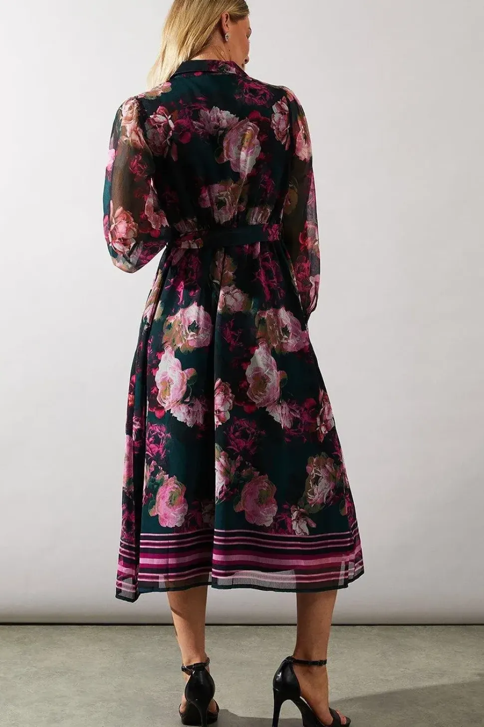 Green Floral Print Belted Shirt Dress