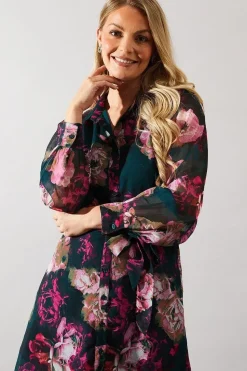 Green Floral Print Belted Shirt Dress