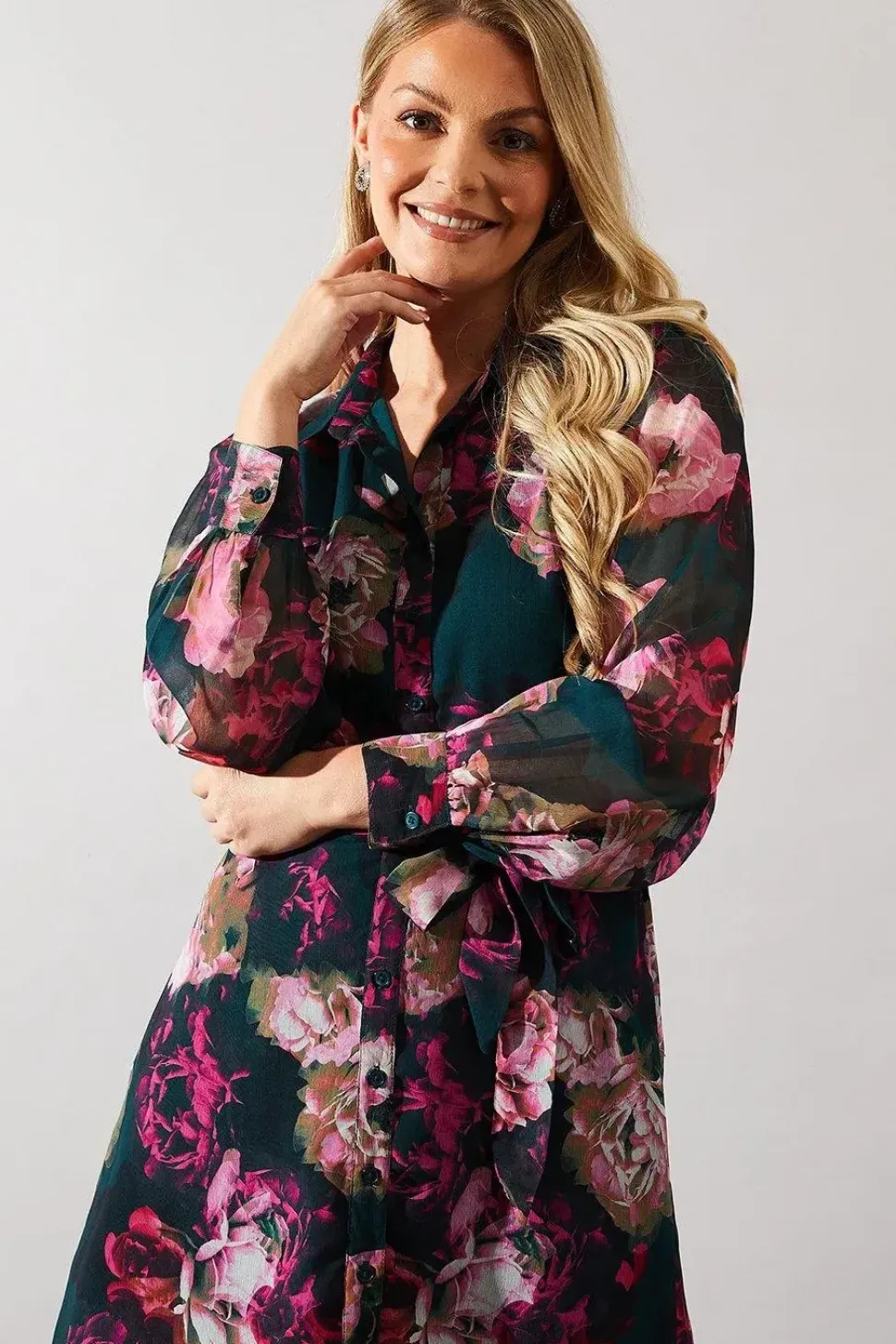 Green Floral Print Belted Shirt Dress