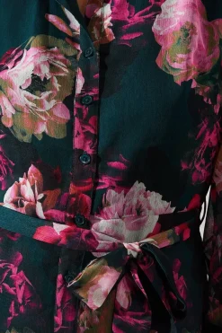 Green Floral Print Belted Shirt Dress
