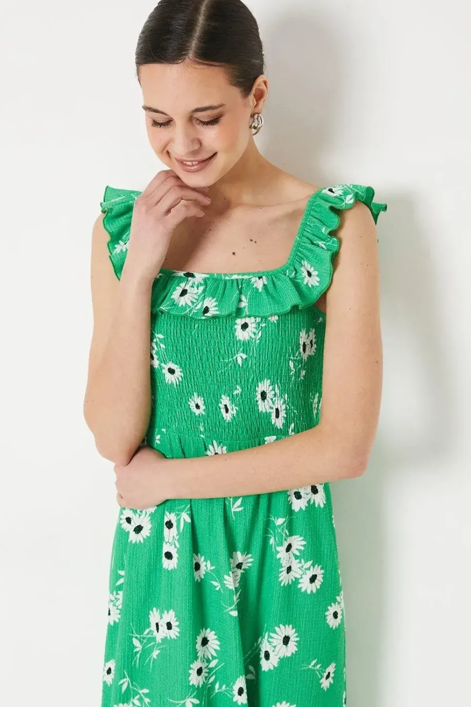 Green Floral Shirred Bodice Ruffle Detail Midi Dress