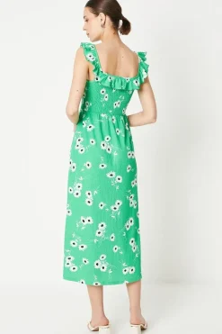 Green Floral Shirred Bodice Ruffle Detail Midi Dress