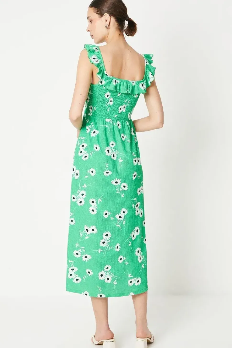 Green Floral Shirred Bodice Ruffle Detail Midi Dress