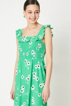 Green Floral Shirred Bodice Ruffle Detail Midi Dress