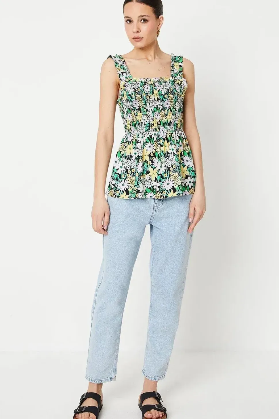 Green Floral Shirred Cami Top