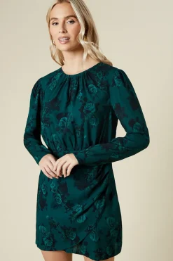 Green Floral Wrap Skirt Long Sleeve Mini Dress