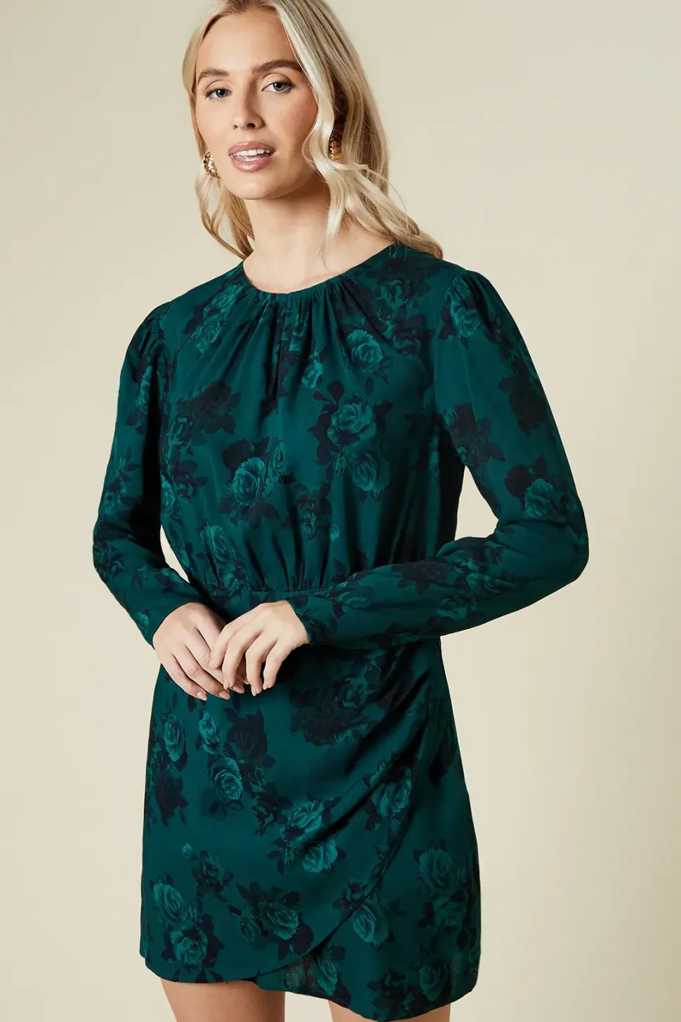 Green Floral Wrap Skirt Long Sleeve Mini Dress
