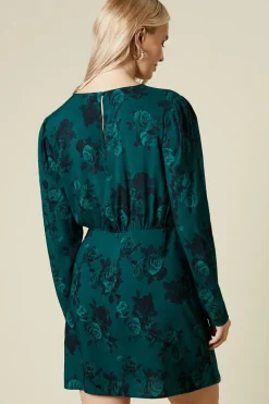 Green Floral Wrap Skirt Long Sleeve Mini Dress