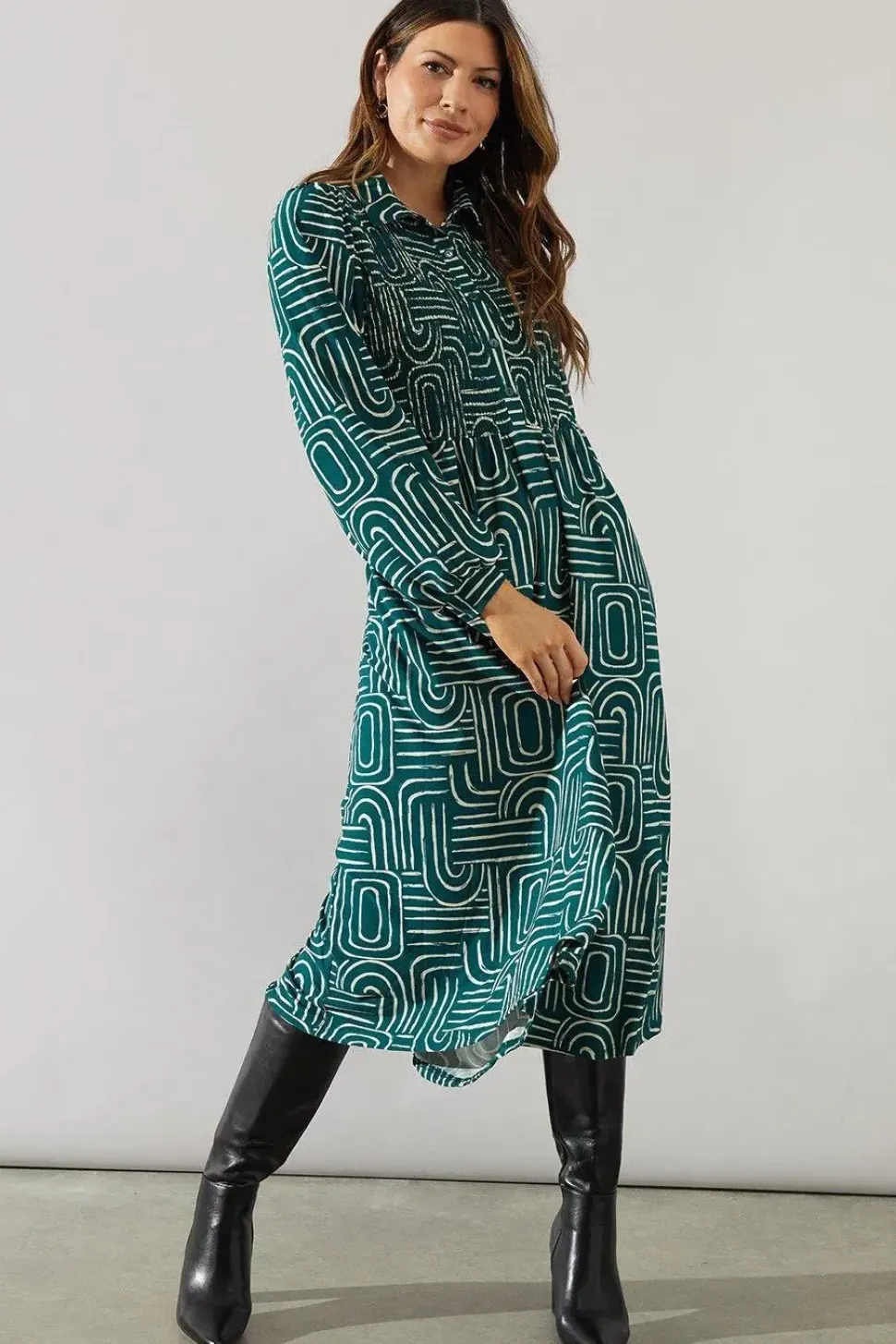 Green Geo Collared Midi Dress