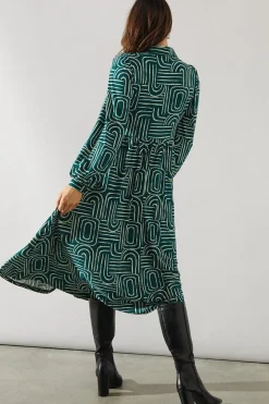 Green Geo Collared Midi Dress