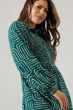 Green Geo Collared Midi Dress